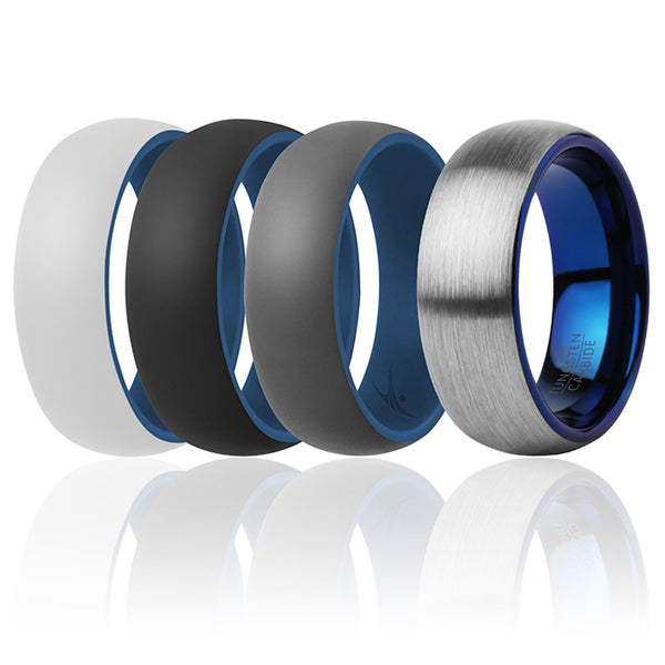 Silicone Wedding Twin Dome 8mm Ring Set - Blue by ROQ for Men - 4 x 13 mm Ring