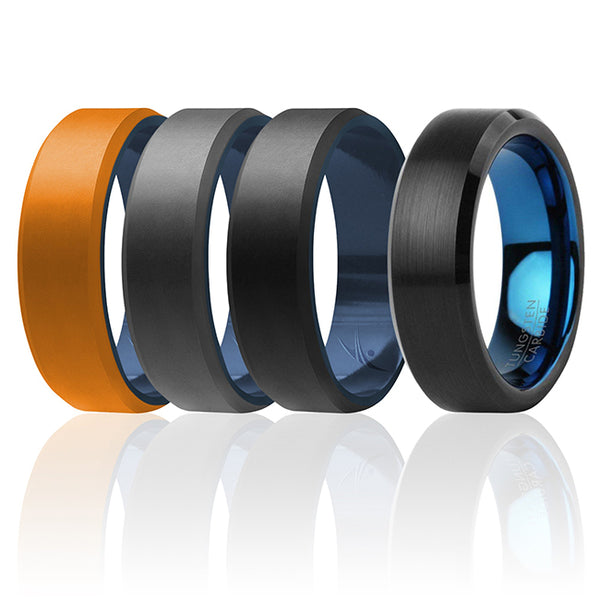 Silicone Wedding Twin Beveled 8mm Ring Set - Black by ROQ for Men - 4 x 9 mm Ring