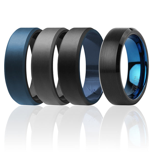 Silicone Wedding Twin Beveled 8mm Ring Set - Blue by ROQ for Men - 4 x 14 mm Ring