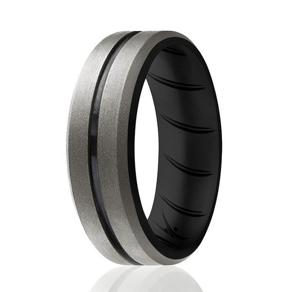 Silicone Wedding BR Middle Line Ring - Black-Silver by ROQ for Men - 10 mm Ring