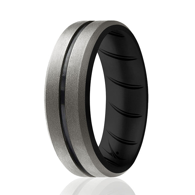 Silicone Wedding BR Middle Line Ring - Black-Silver by ROQ for Men - 10 mm Ring