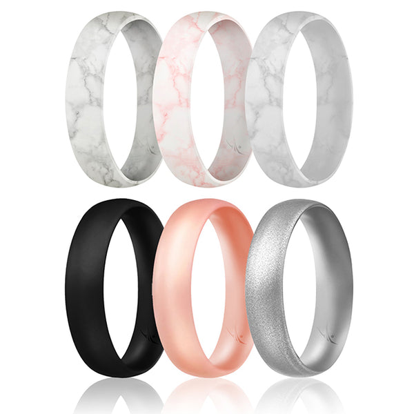Silicone Wedding 6mm Smooth Ring Set - RoseMarble by ROQ for Women - 6 x 4 mm Ring