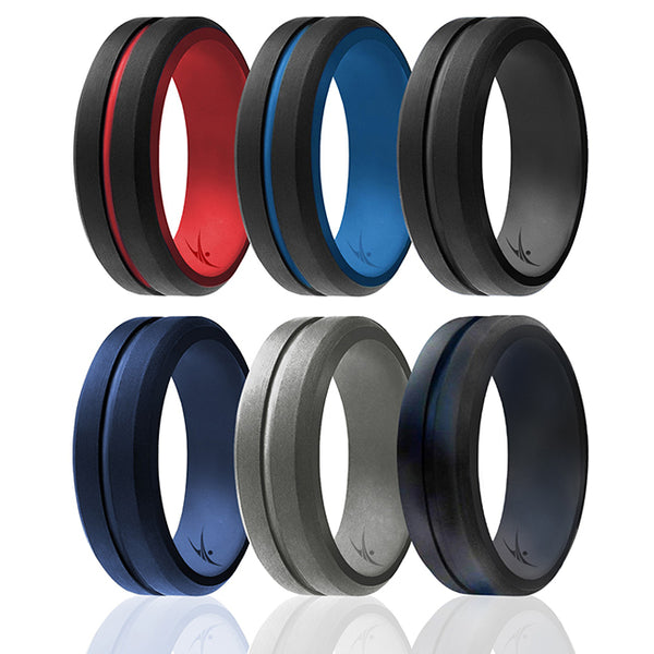 Silicone Wedding 2Layer Middle Line Ring Set - Black-Camo by ROQ for Men - 6 x 10 mm Ring