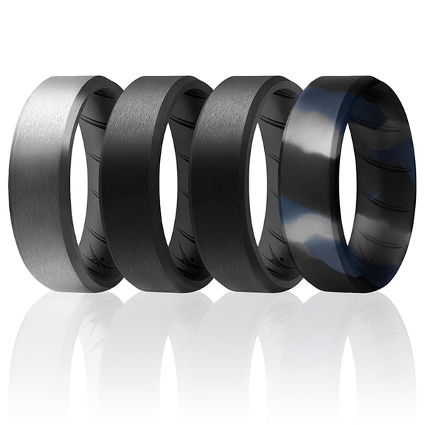 Silicone Wedding BR 8mm Edge Ring Set - Black-Blue-Camo by ROQ for Men - 4 x 10 mm Ring