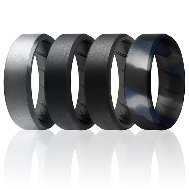 Silicone Wedding BR 8mm Edge Ring Set - Black-Blue-Camo by ROQ for Men - 4 x 13 mm Ring