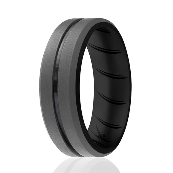 Silicone Wedding BR Middle Line Ring - Black-Grey by ROQ for Men - 10 mm Ring