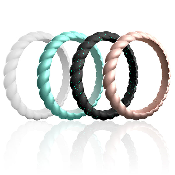 Silicone Wedding Stackble Braided Ring Set - Aqua-Rose by ROQ for Women - 4 x 11 mm Ring