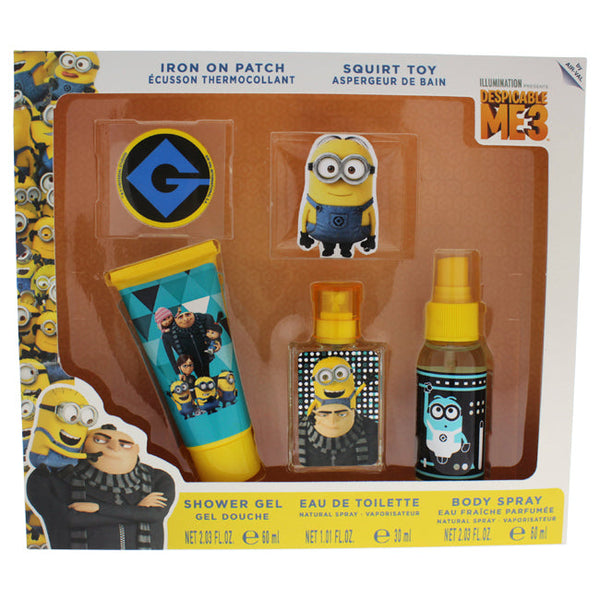 Air Val International Despicable Me 3 by Air-Val International for Kids - 5 Pc Gift Set 1.01oz EDT Spray, 2.03oz Shower Gel, 2.03oz Body Spray, 1 Iron On Patch, 1 Squirt Toy