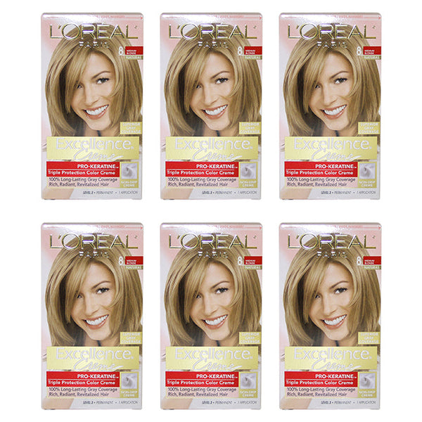 LOreal Paris Excellence Creme Pro - Keratine - 8 Medium Blonde - Natural by LOreal Paris for Unisex - 1 Application Hair Color - Pack of 6