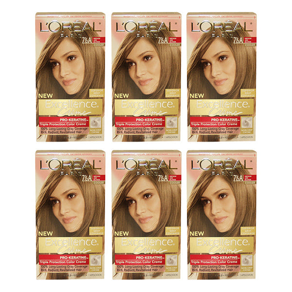 Excellence Creme Pro - Keratine - 7.5A Medium Ash Blonde - Cooler by LOreal Paris for Unisex - 1 Application Hair Color - Pack of 6