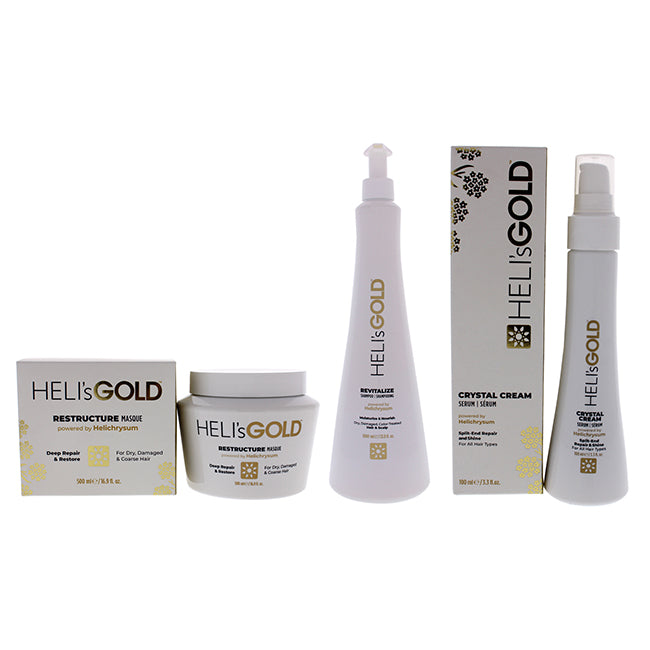 Helis Gold The Revival Series Kit by Helis Gold for Unisex - 3 Pc Kit 16.9oz Restructure Masque, 3.3oz Crystal Cream Serum, 33.8oz Revitalize Shampoo