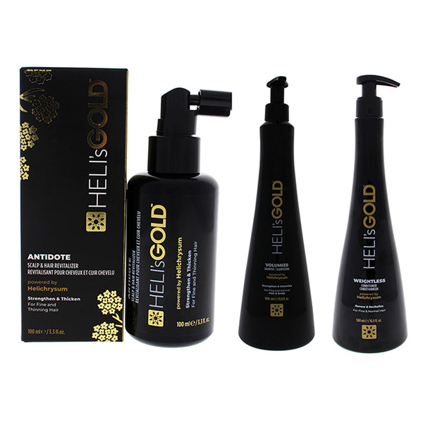 Helis Gold Volume Series Kit by Helis Gold for Unisex - 3 Pc Kit 3.3oz Antidote Scalp and Hair Revitalizer Treatment, 33.8oz Volumize Shampoo, 16.9oz Weightless Conditioner