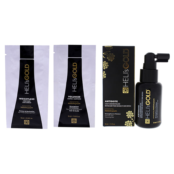 Helis Gold Volume Series Fly with Me Kit by Helis Gold for Unisex - 3 Pc Kit 0.34 oz Weightless Conditioner, 0.34oz Volumize Shampoo, 1.7oz Antidote Scalp and Hair Revitalizer