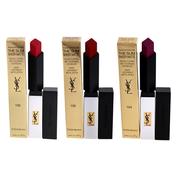 Yves Saint Laurent Rouge Pur Couture The Slim Sheer Matte Lipstick Kit by Yves Saint Laurent - 3 Pc Kit 0.07oz Lipstick - 104 Fuchsia Intime, 0.07oz Lipstick - 105 Red Uncovered, 0.07oz Lipstick - 109 Rose Denude