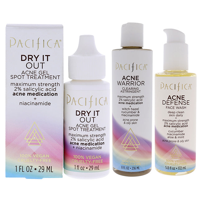 Pacifica Pacific Acne Kit by Pacifica for Unisex - 3 Pc Kit 5.8oz Acne Defense Face Was, 8oz Acne Warrior Clearing Astringent, 1oz Dry It Out Acne Gel Spot Treatment