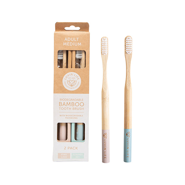Luvin Life Luvin' Life Biodegradable Bamboo Toothbrush Adult Medium (2 Colour Pack) Pink Lake & Summer Sky x 2 Pack