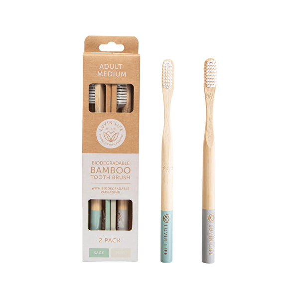 Luvin Life Luvin' Life Biodegradable Bamboo Toothbrush Adult Medium (2 Colour Pack) Sage & Mist x 2 Pack