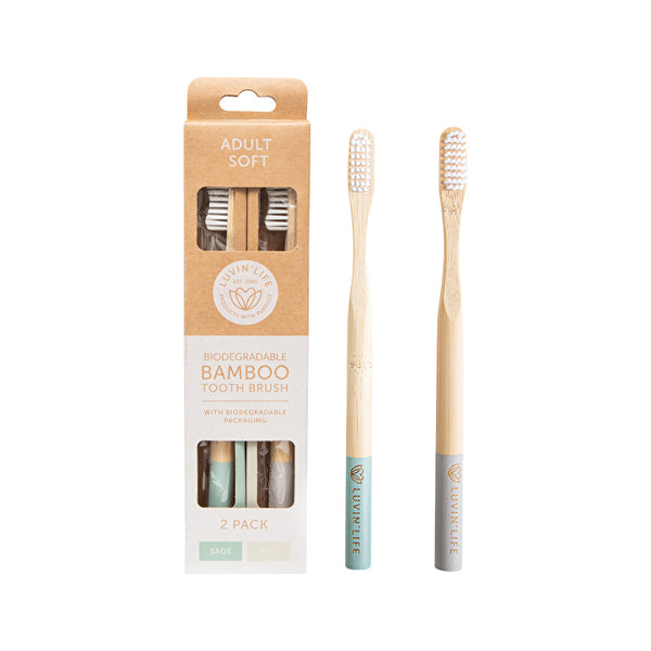 Luvin Life Luvin' Life Biodegradable Bamboo Toothbrush Adult Soft (2 Colour Pack) Sage & Mist x 2 Pack