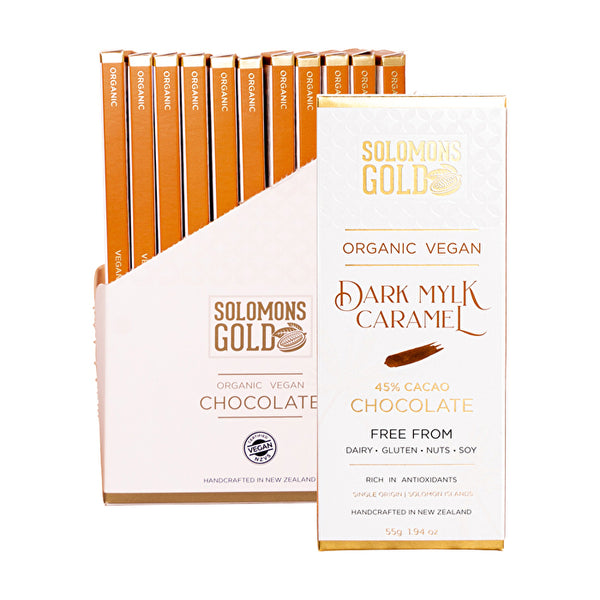 Solomons Gold Organic Vegan Dark Mylk Caramel Chocolate (45% Cacao) 55g x 12 Display