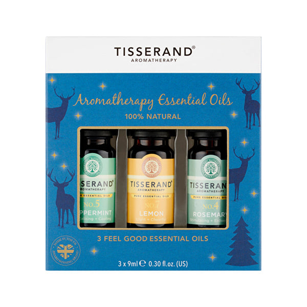 Tisserand Essential Oil Kit Feel Good Essential Oils (Blue Reindeers) 9ml x 3 Pack (Peppermint, Lemon & Rosemary)