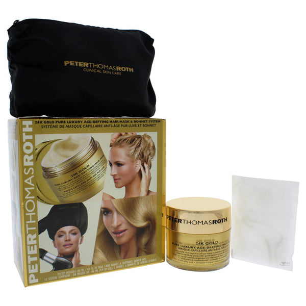 Peter Thomas Roth 24K Gold Pure Luxury Age-Defying Hair Mask Bonnet System by Peter Thomas Roth for Unisex - 1 Pc Kit 4.9oz 24K Gold Pure Luxury Age-Defying Hair Mask, Signature PTR Bonnet, 6 Pc Shower Caps