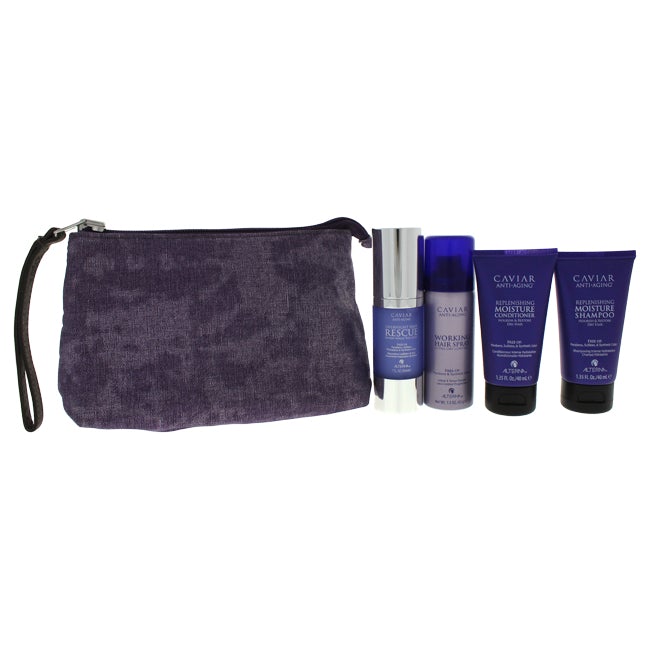 Alterna Caviar Transformation Kit by Alterna for Unisex - 5 Pc Kit 1.35oz Replenishing Moisture Shampoo, 1.35oz Replenishing Moisture Conditioner, 1oz Overnight Hair Rescue, 1.5oz Hair Spray, Clutch