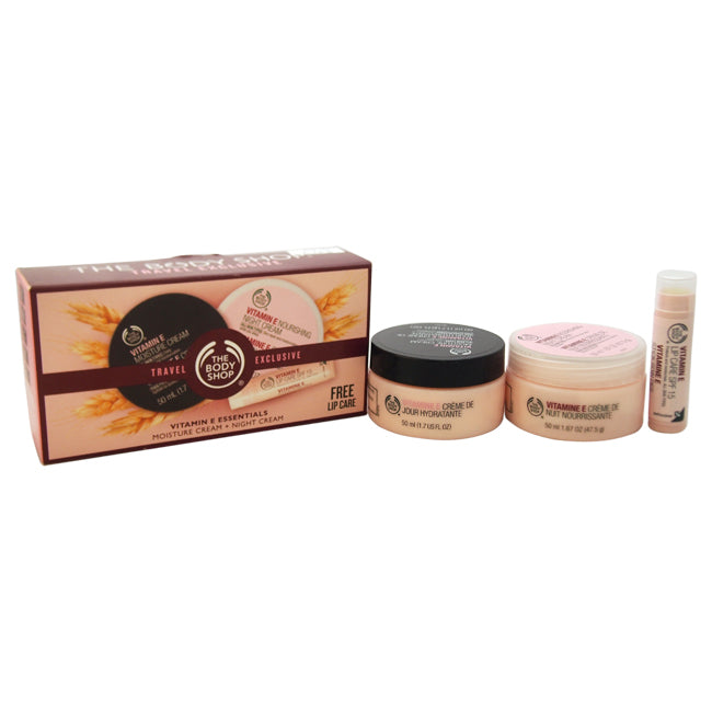 The Body Shop Vitamin E Essentials Travel Exclusive by The Body Shop for Unisex - 3 Pc Kit 1.7oz Moisture Cream, 1.67oz Nourishing Night Cream, 0.14oz Lip Care SPF 15