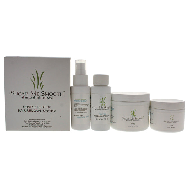 Sugar Me Smooth Complete Body Hair Removal System Kit by Sugar Me Smooth for Unisex - 9 Pc Kit 6.2oz Body Sugaring Paste, 3.1oz Face Sugaring Paste, 2.4oz Prepping Powder, 2oz Soothing Solution, 2 Reusable Full Body, 3 Applicators