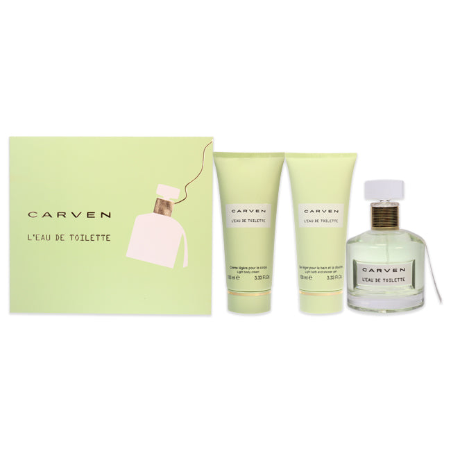 Carven LEau De Toilette by Carven for Women - 3 Pc Gift Set 3.33oz EDT Spray, 3.33oz Light Body Cream, 3.33oz Ligth Bath and Shower Gel