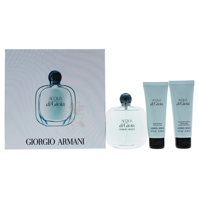Giorgio Armani Acqua Di Gioia by Giorgio Armani for Women - 3 Pc Gift Set 3.4oz EDP Spray, 2.5oz Fresh Shower Gel, 2.5oz Moisturizing Perfumed Body Lotion