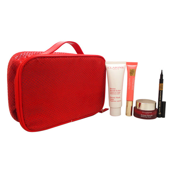 Clarins Claris Fall Kit by Clarins for Women - 5 Pc Kit 1.7oz Beauty Flash Balm, 0.5oz Instant Smooth Perfecting Touch, 0.35oz Instant Light Natural Lip Perfector, 3-Dot Liner - Black, Cosmetic Bag