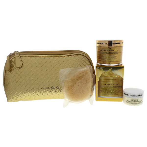 Peter Thomas Roth Glitter & Gold Kit by Peter Thomas Roth for Women - 4 Pc Kit 5oz 24K Gold Mask Pure Luxury Lift & Firm Mask, 1oz 24K Gold Pure Luxury Cleansing Butter, Konjac Sponge, Signature Gold Clutch