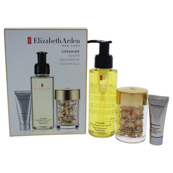 Elizabeth Arden Ceramide Youth Restoring Essentials Set by Elizabeth Arden for Women - 3 Pc Set 3.4oz Ceramide Replenishing Cleansing Oil, 30caps Advanced Ceramide Capsules Daily Youth Restoring Serum,0.17oz Superstart Skin Renewal Booster