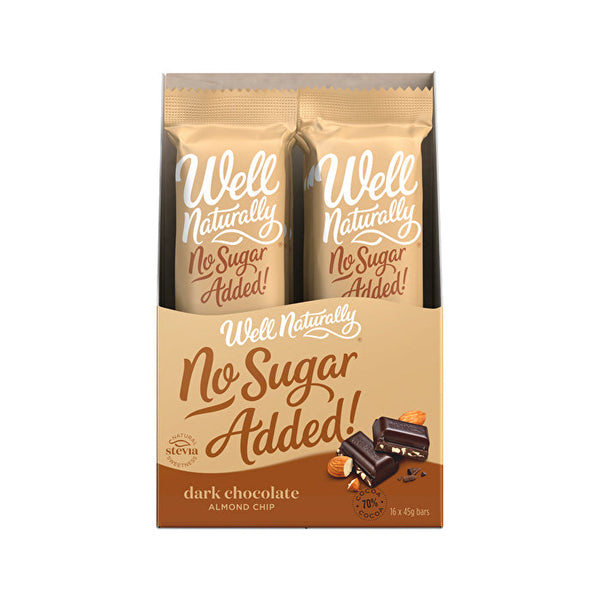 Well Naturally No Added Sugar Bar Dark Chocolate Almond Chip 45g x 16 Display