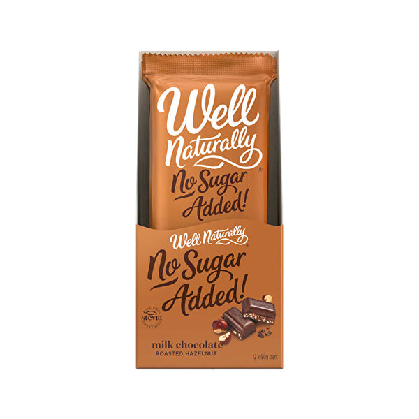 Well Naturally No Added Sugar Block Milk Chocolate Roasted Hazelnut 90g x 12 Display