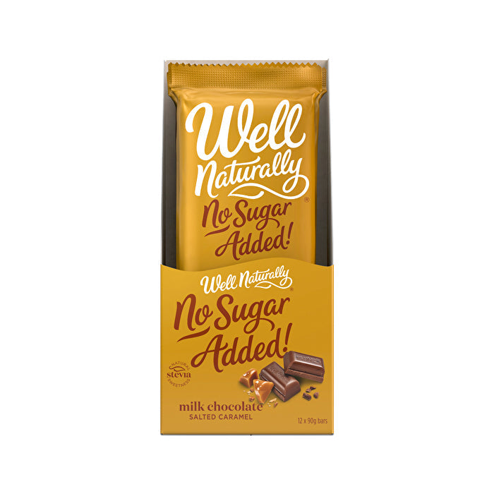 Well Naturally No Added Sugar Block Milk Chocolate Salted Caramel 90g x 12 Display